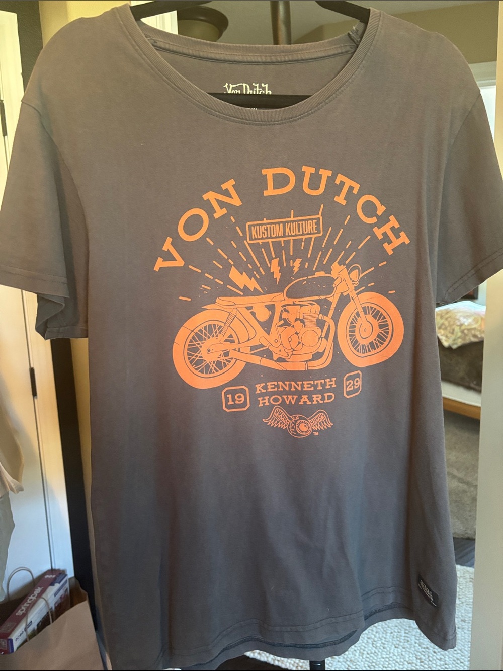 Von Dutch Gray Tee with Orange Motorcycle Graphic